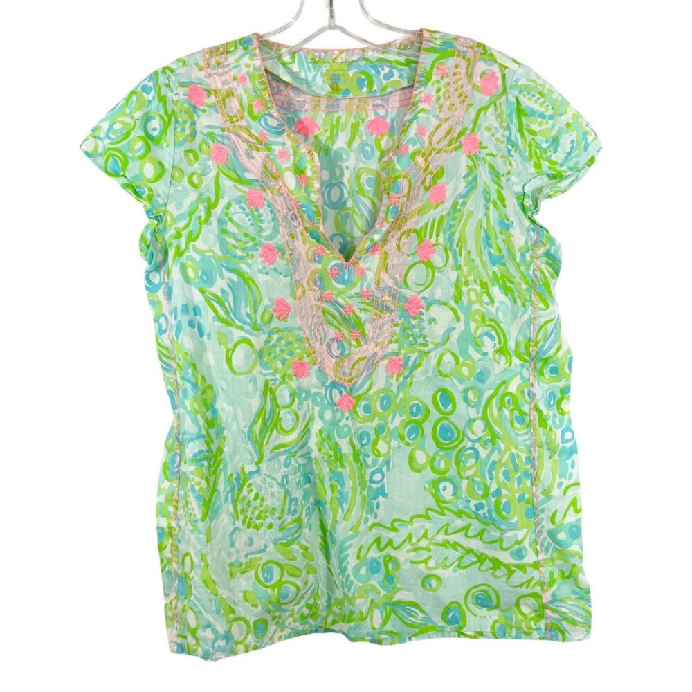 Lilly Pulitzer Sea Breeze Tunic Any‎ Fins Possible Embroidered Lightweight SMALL